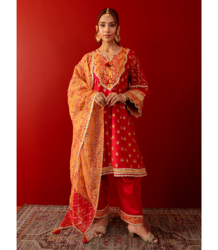 Mulmul Pima Satin Bandhan Red Kurta With Mulmul Pima Satin Bandhan Red Pant