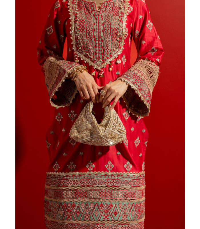 Mulmul Pima Satin Shagun Red Kurta With Mulmul Pima Satin Shagun Red Pant