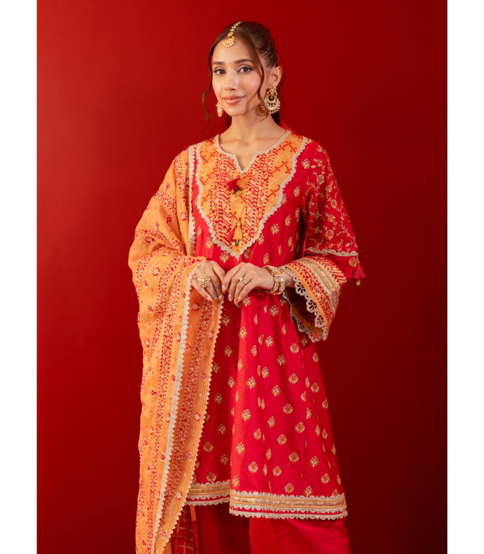 Mulmul Pima Satin Bandhan Red Kurta With Mulmul Pima Satin Bandhan Red Pant