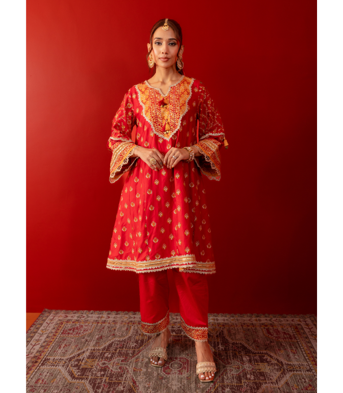 Mulmul Pima Satin Bandhan Red Kurta With Mulmul Pima Satin Bandhan Red Pant