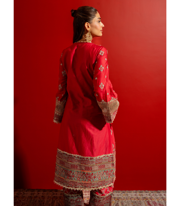 Mulmul Pima Satin Shagun Red Kurta With Mulmul Pima Satin Shagun Red Pant