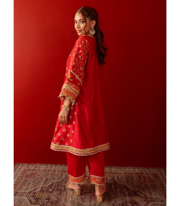 Mulmul Pima Satin Bandhan Red Kurta With Mulmul Pima Satin Bandhan Red Pant