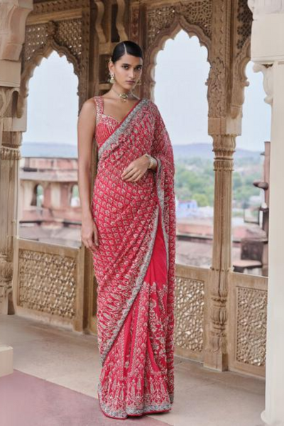 Mangalya Embroidered Georgette Saree - Red - The Grand Trunk