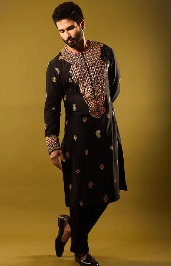 Shahid Kapoor in Black Tribal Kurta Pant set by Anamika Khanna