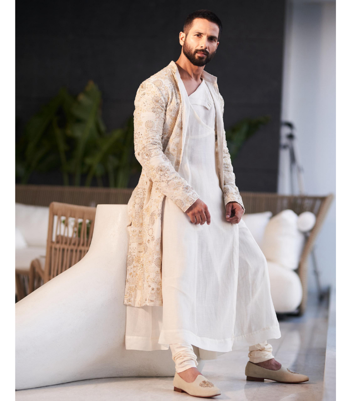 Shahid Kapoor in tribal work long jacket with kurta and churidar