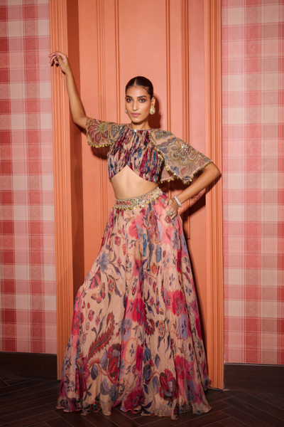 Shama Hand Embroidered Cape Style Blouse with Sharara - The Grand Trunk