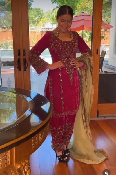 Velvet hot pink salwar set - The Grand Trunk