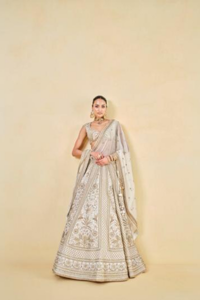 Mahroo Zardozi Embroidered Silk Lehenga Set - White - The Grand Trunk