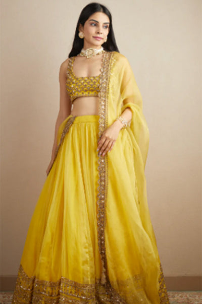YELLOW ORGANZA SILK LEHENGA SET - The Grand Trunk