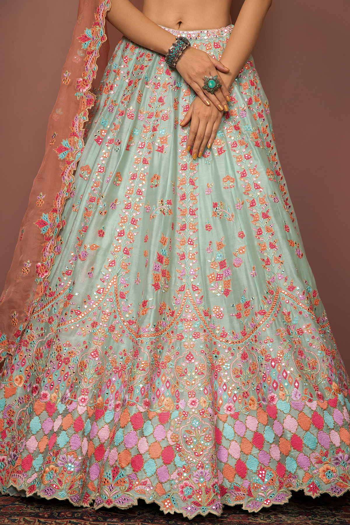 BLUE LEHENGA SET WITH RESHAM FOIL EMBROIDERY - The Grand Trunk