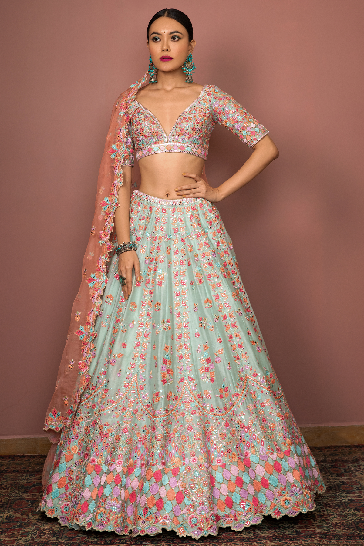 BLUE LEHENGA SET WITH RESHAM FOIL EMBROIDERY - The Grand Trunk