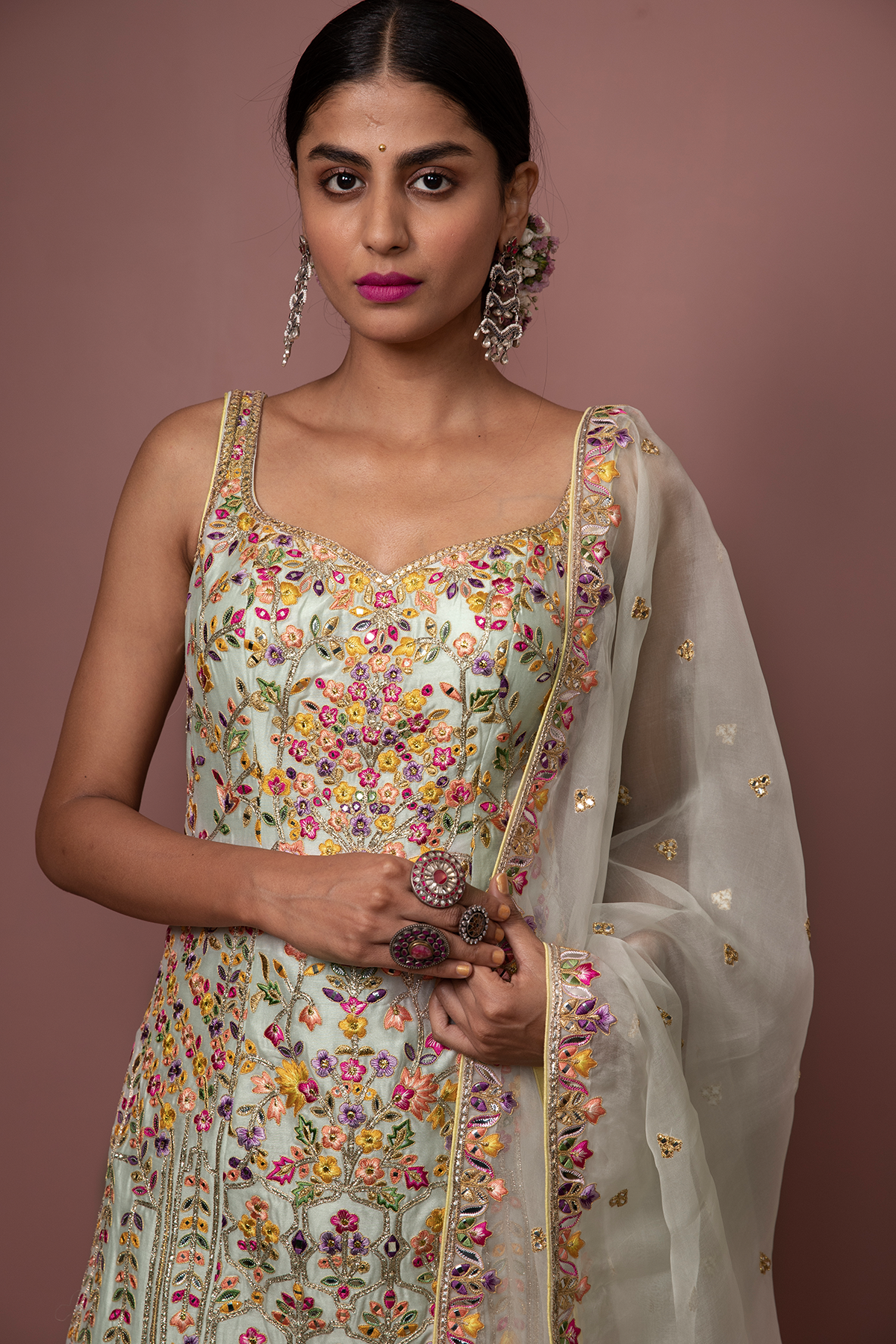 BLUSH PINK CHANDERI LEHENGA WITH FOIL, RESHAM EMBROIDERY - The Grand Trunk
