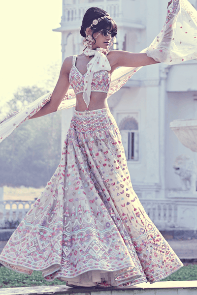 IVORY MULTI MIRROR LEHENGA SET - The Grand Trunk