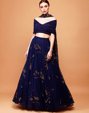 Navy Blue Lehenga with Wrap Blouse - The Grand Trunk