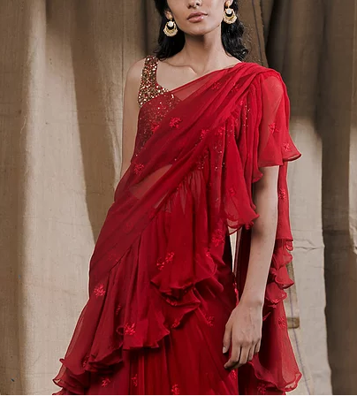 Astha Narang Red Ruffle Drape Saree