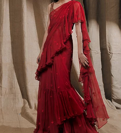 Astha Narang Red Ruffle Drape Saree