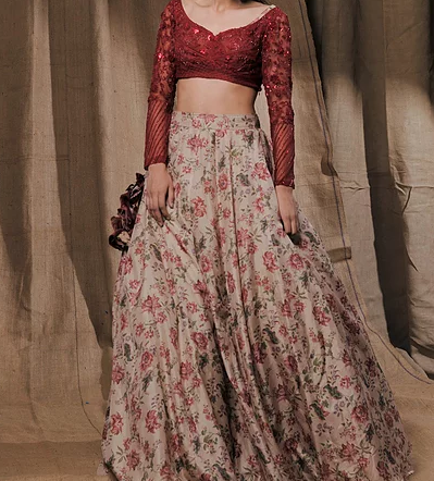 Astha Narang Beige Floral Printed Lehenga Set