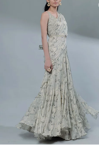 Astha Narang Mint Floral Printed Ruffle Saree