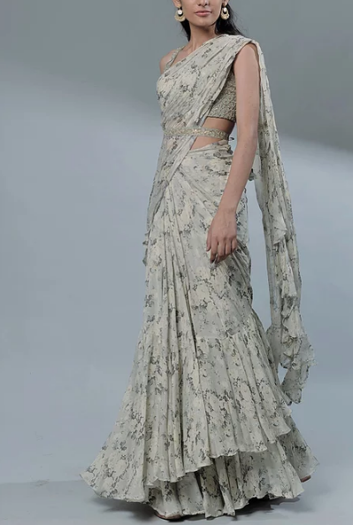 Astha Narang Mint Floral Printed Ruffle Saree