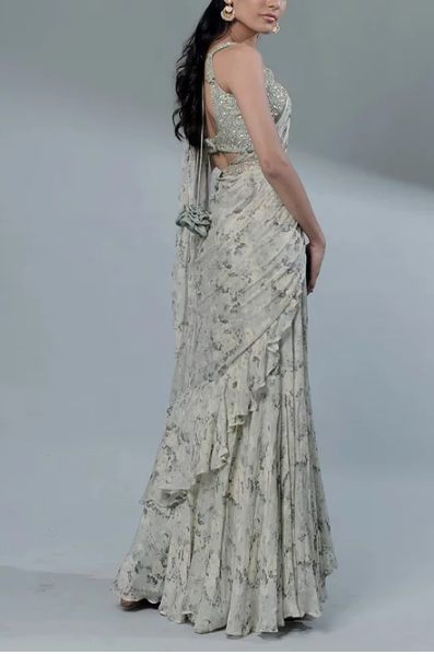 Astha Narang Mint Floral Printed Ruffle Saree