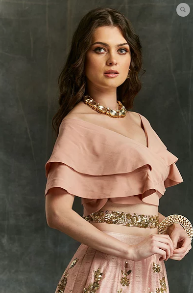 Astha Narang Off Shoulder Crop Top With Sequin Jaal Lehenga