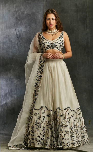 Astha Narang White Organza With Green And Black Threadwork Lehenga