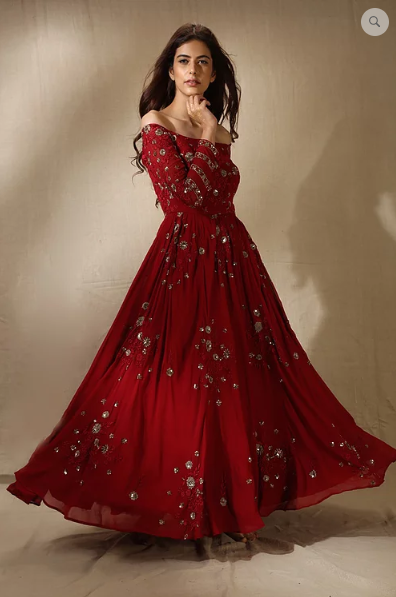 Astha Narang Red Floral Work Off Shoulder Anarkali Gown