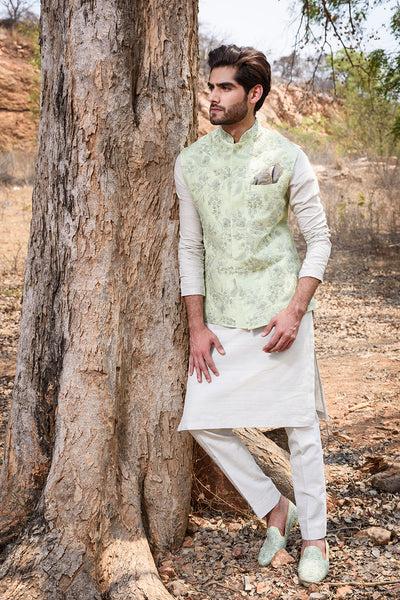 Mint Green Rawsilk with Self Threadwork Embroidery and Pearl Highlights - The Grand Trunk