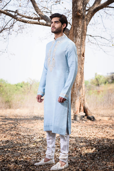 Powder blue kurta with neck embroidery - The Grand Trunk