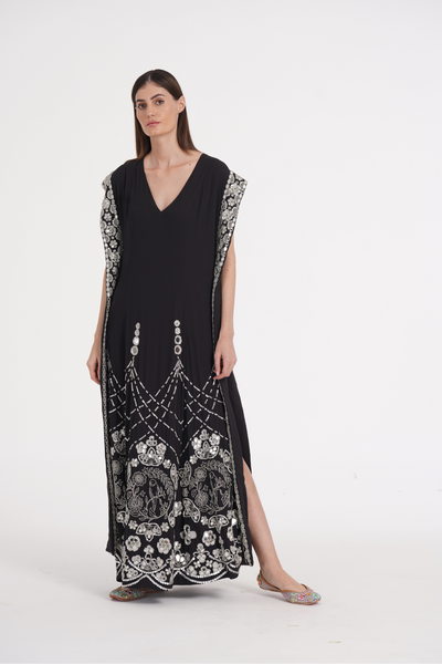 Charcoal black hand embroidered kaftan - The Grand Trunk