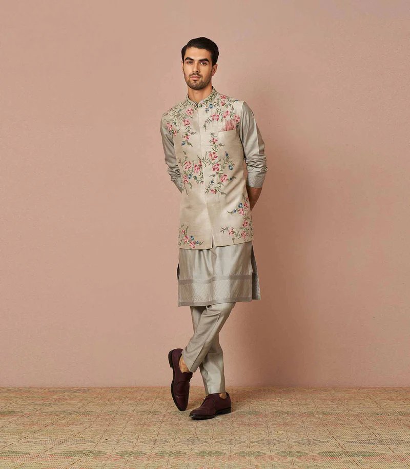 Anushree Reddy -  Grey Rawsilk iris thread embroidered bandi kurta set - The Grand Trunk