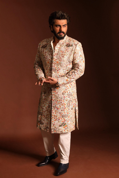 Arjun Kapoor in Multicolored Embroidery with Zardozi Work Sherwani Paired with Pants