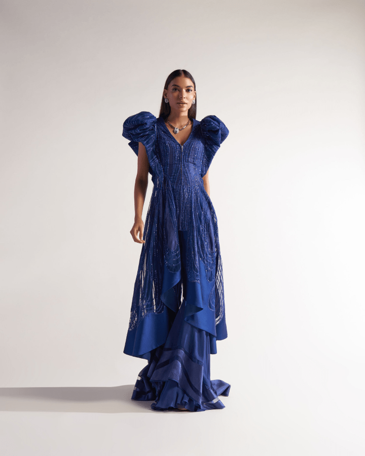 Sulakshana Monga Electric Blue Power Shoulder Jacket - The Grand Trunk