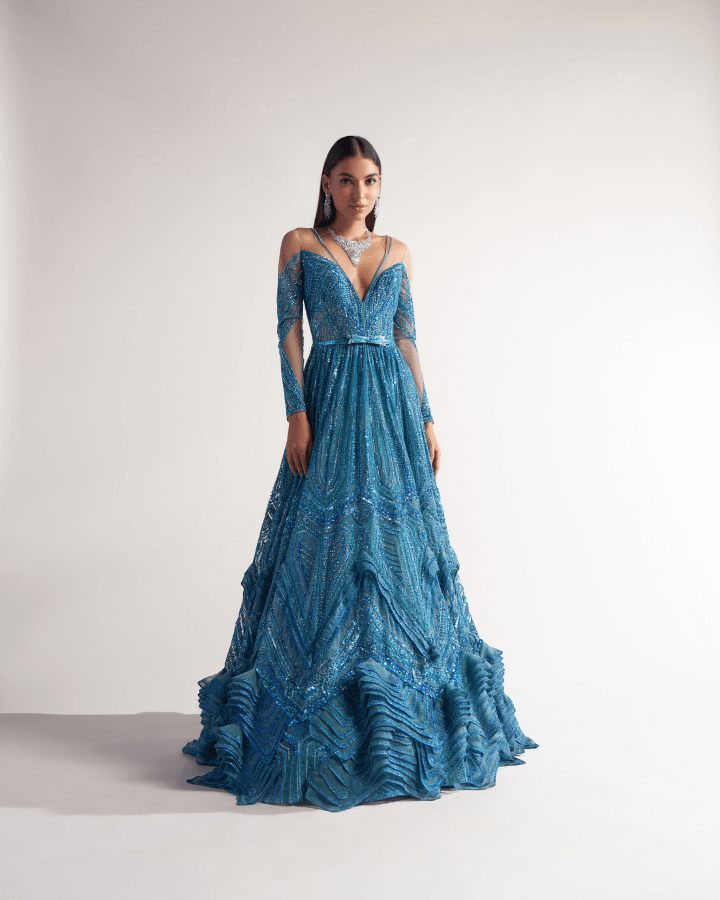 Sulakshana Monga Teal A- Line Gown - The Grand Trunk