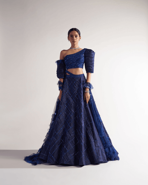 Sulakshana Monga Midnight Blue Appliqued Flared Lehenga - The Grand Trunk