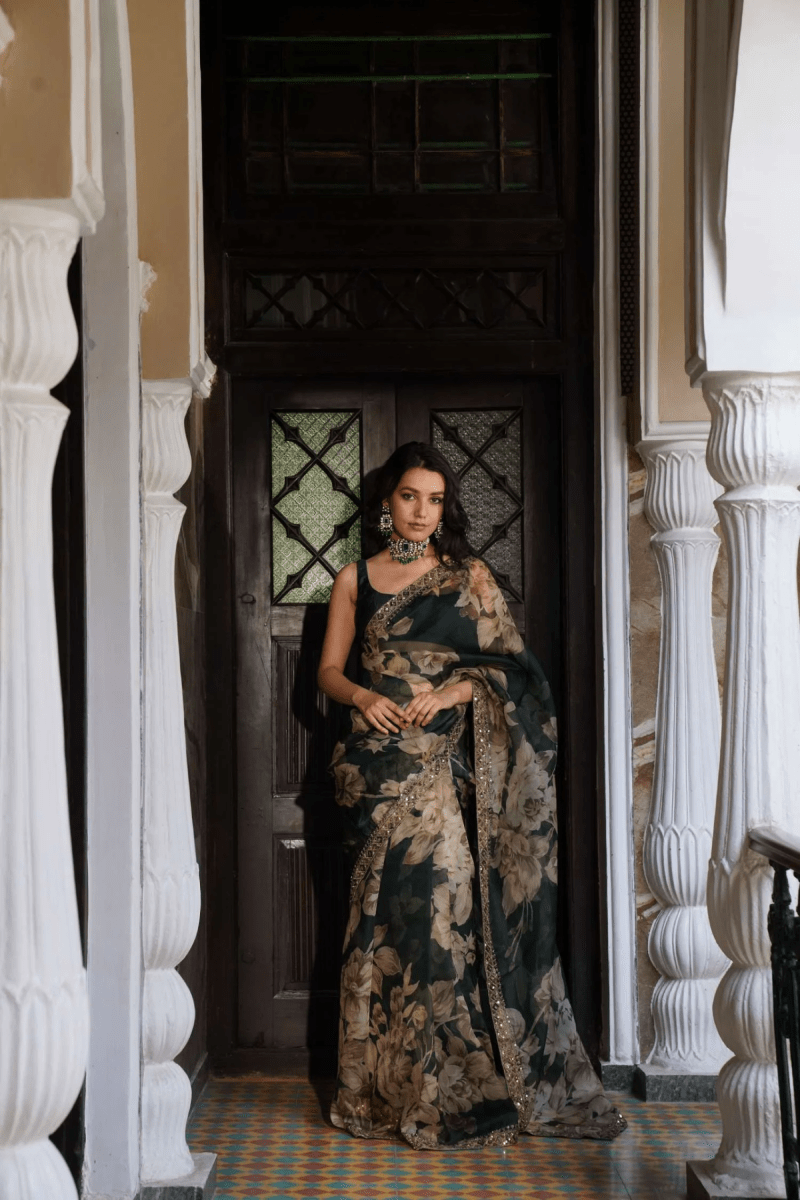 Bottle Green Floral Saree Set - The Grand Trunk
