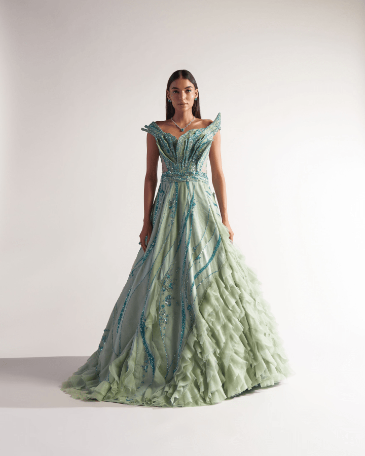 Sulakshana Monga Green Crushed Flap Gown The Grand Trunk