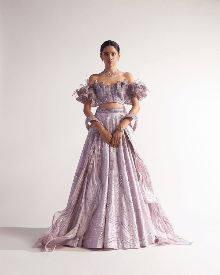 Sulakshana Monga Off shoulder Blouse with Applique Lehenga - The Grand Trunk