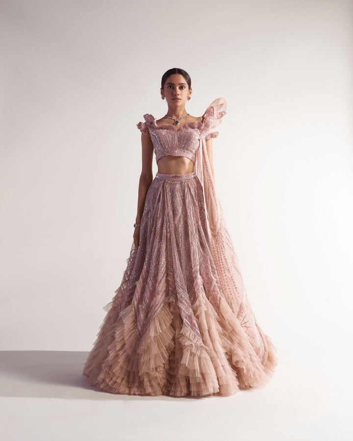 Sulakshana Monga Peach Ruffled Lehenga - The Grand Trunk