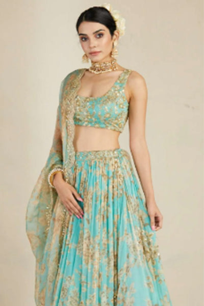 Mint Chiffon Floral Lehenga Set - The Grand Trunk