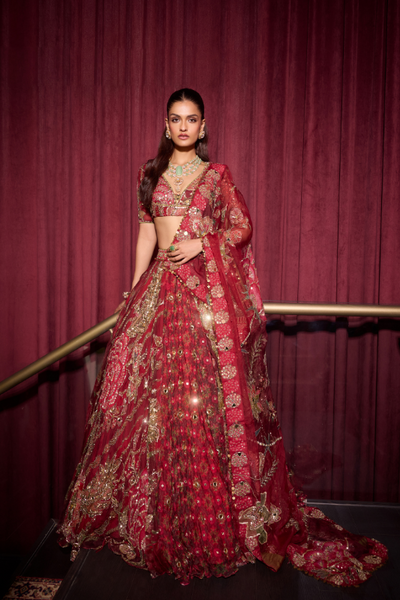 Ehlam Hand Embroidered Multi Panelled Bridal Lehenga set with Heavy Odhani