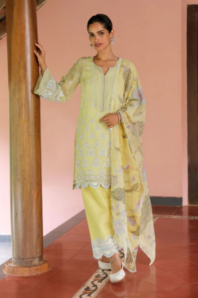 Mulmul Organza Shail Lime Kurta With Mulmul Cotton Shail Lime Pant - The Grand Trunk