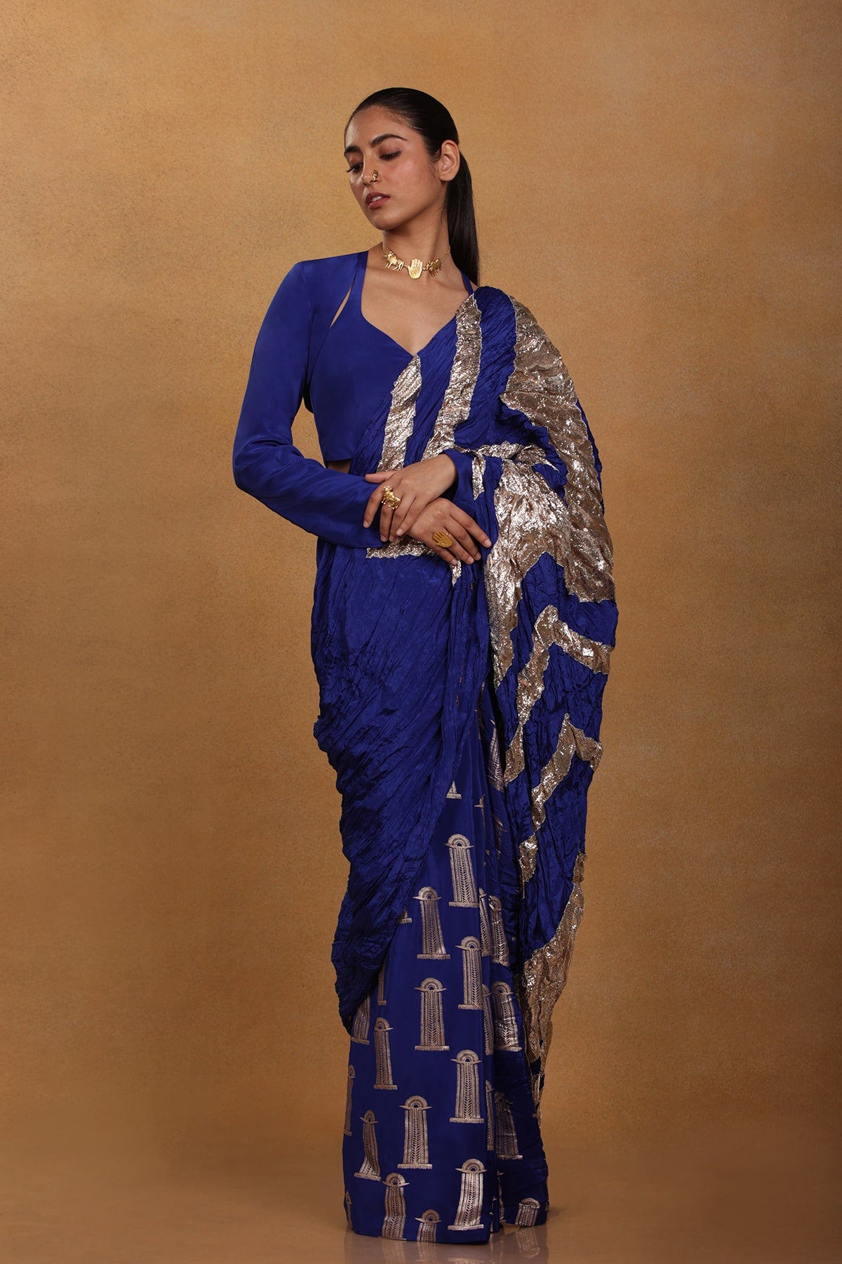 Blue Crinkle Gota Palla Saree with Blouse Piece - The Grand Trunk