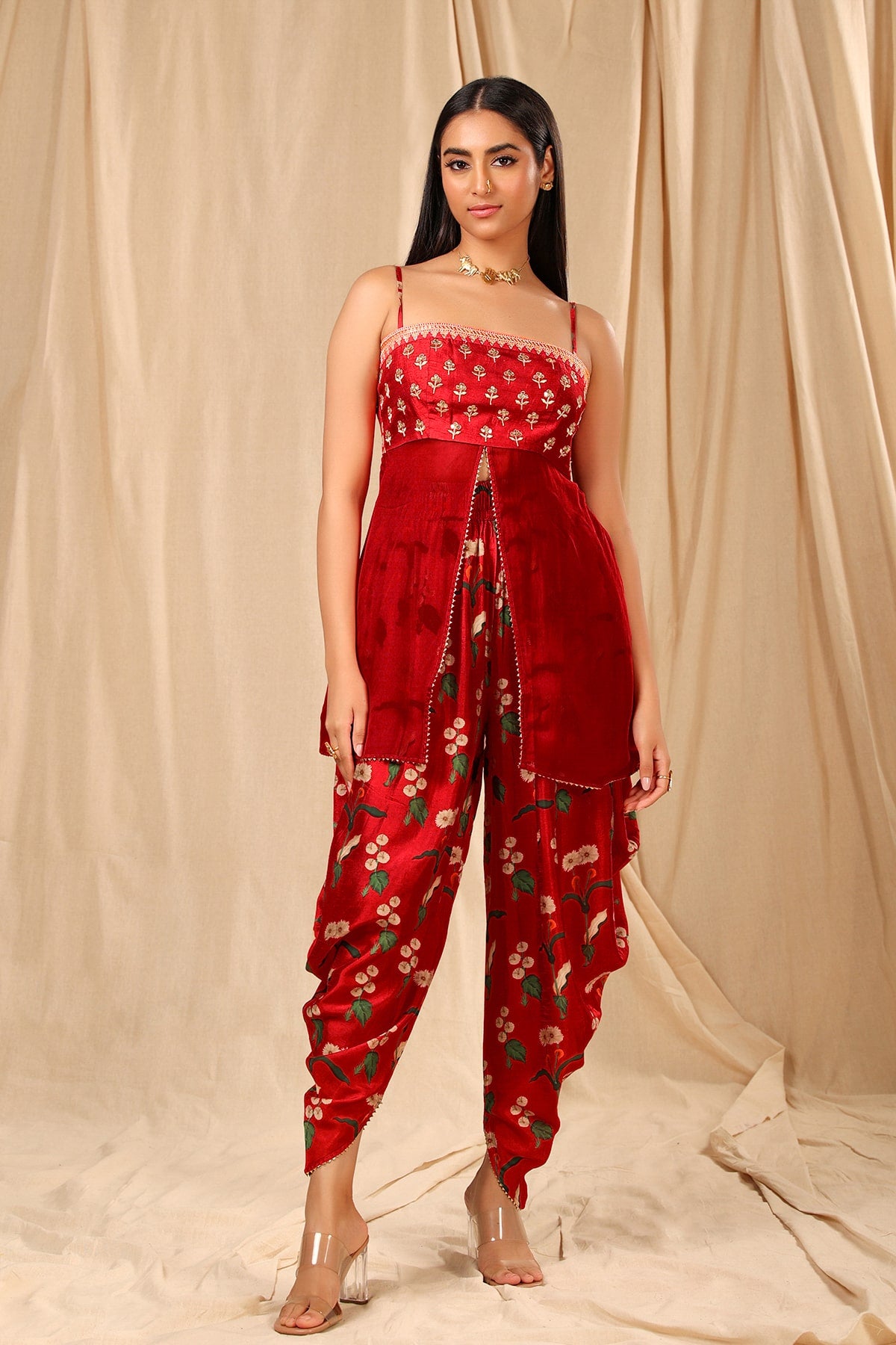 Red Spring Blossom Dhoti Set - The Grand Trunk