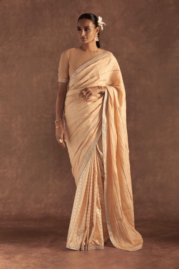 Beige Crushed Honeycomb Saree - The Grand Trunk