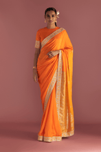 Load image into Gallery viewer, Orange Colour-Block Brocade Saree - The Grand Trunk
