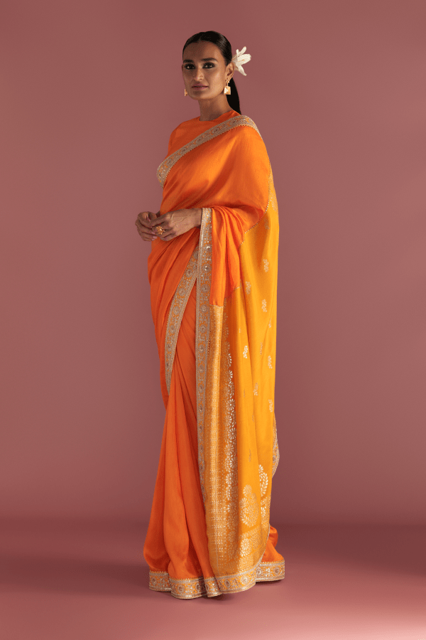 Orange Colour-Block Brocade Saree - The Grand Trunk