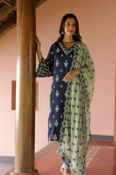 Mulmul Organza Nain Navy Kurta With Mulmul Cotton Nain Navy Pant - The Grand Trunk