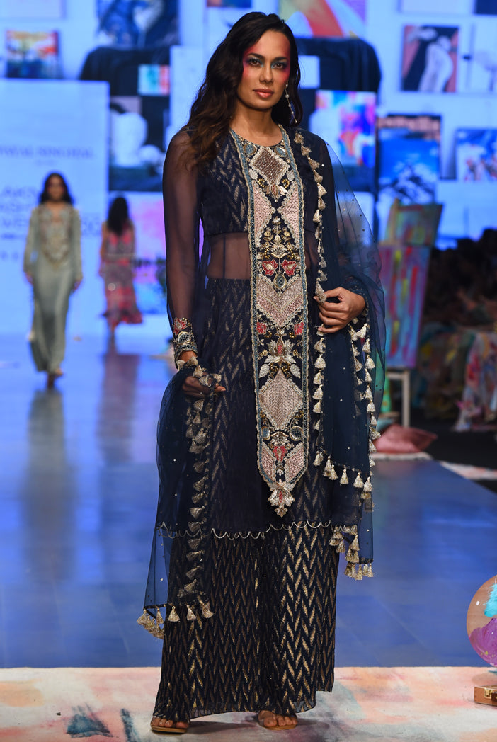 Navy organza embroidered yoke anarkali with dash ikat banarasi georgette palazzo and mukaish net dupatta. - The Grand Trunk