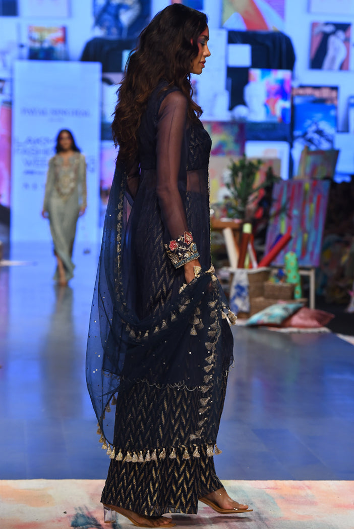 Navy organza embroidered yoke anarkali with dash ikat banarasi georgette palazzo and mukaish net dupatta. - The Grand Trunk